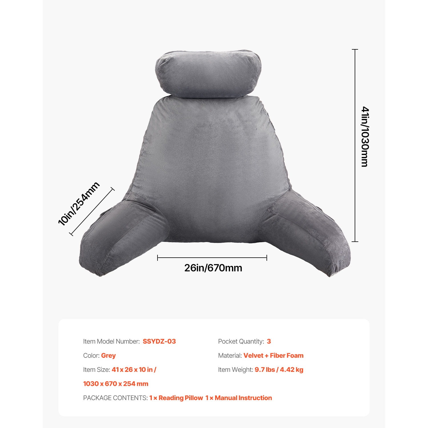 Grey Reading Pillow With Memory Foam, Back Support And Pockets_voghion.com